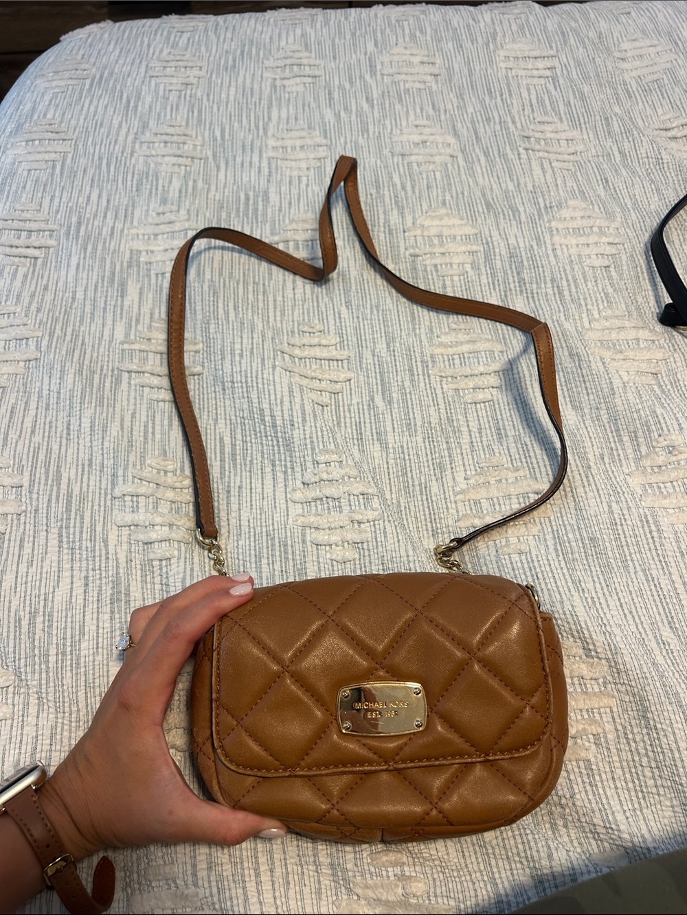Michael Kors Quilted Crossbody Bag in Cognac Brown with Gold Hardware